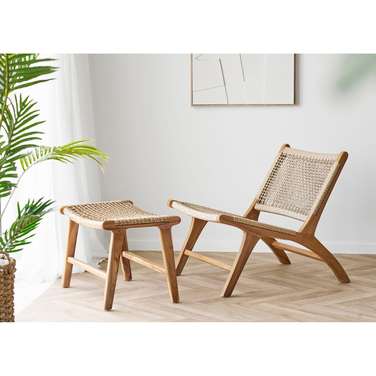 Derby sæt - Loungestol og skammel, teak/PE rattan, natur