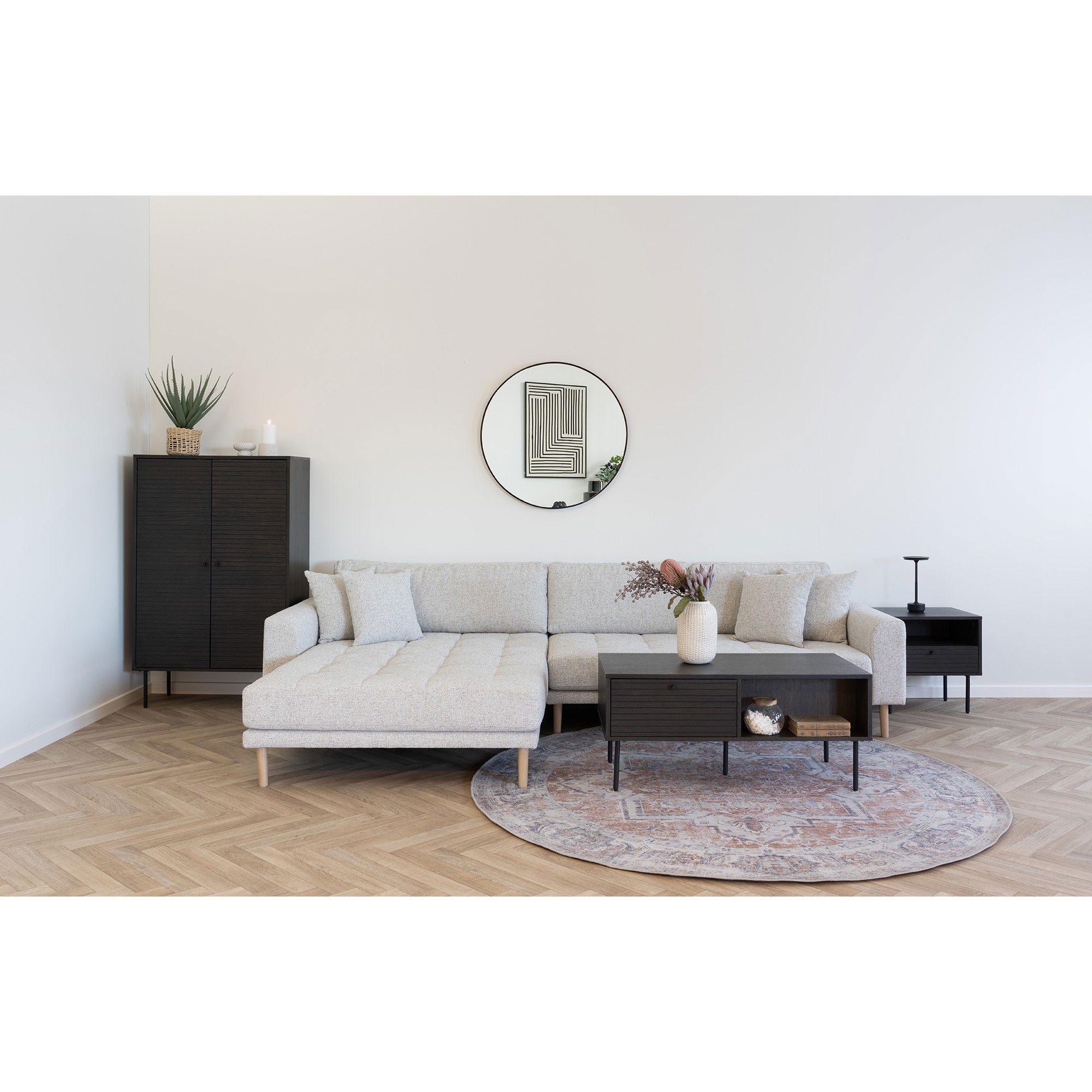 Lido Lounge Sofa - Lounge Sofa, venstrevendt i beige meleret med fire puder og natur træben, HN1015