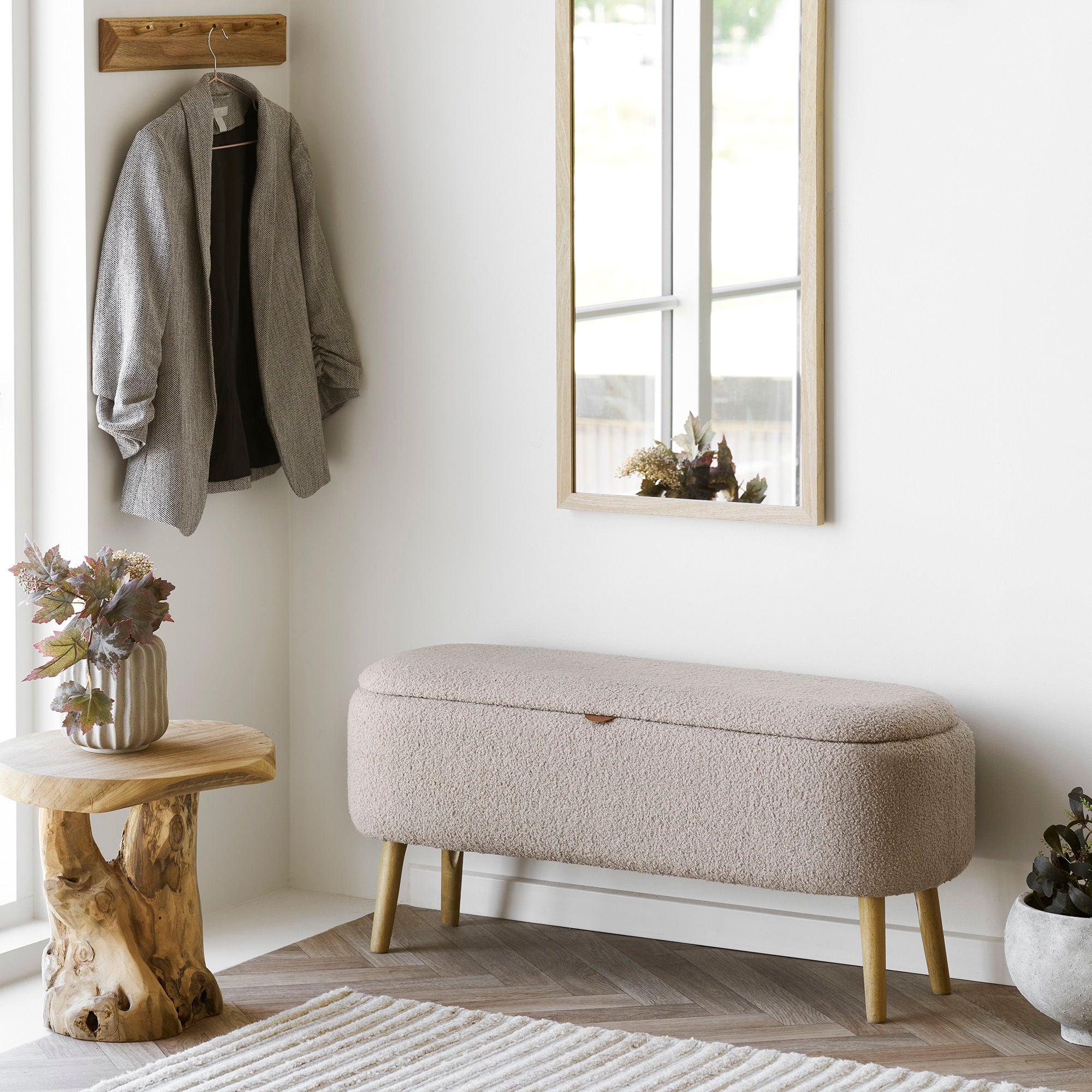 Harlow Bænk - Bænk med opbevaring, bouclé, beige 95x37x45 cm, HN1063