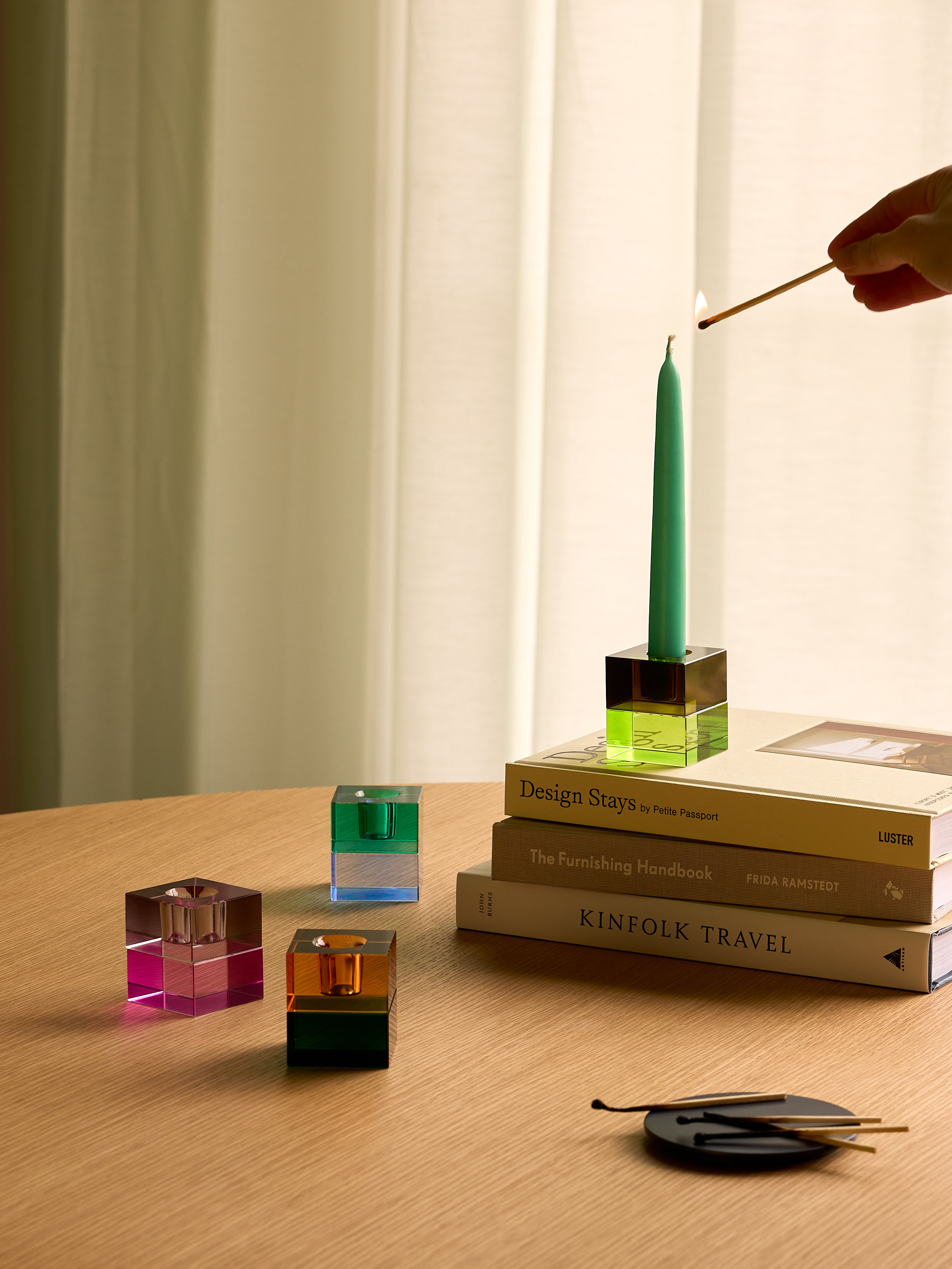 Block Lysestager Grøn/Blue & Orange/Grøn (sæt af 2) - 5x5h6cm