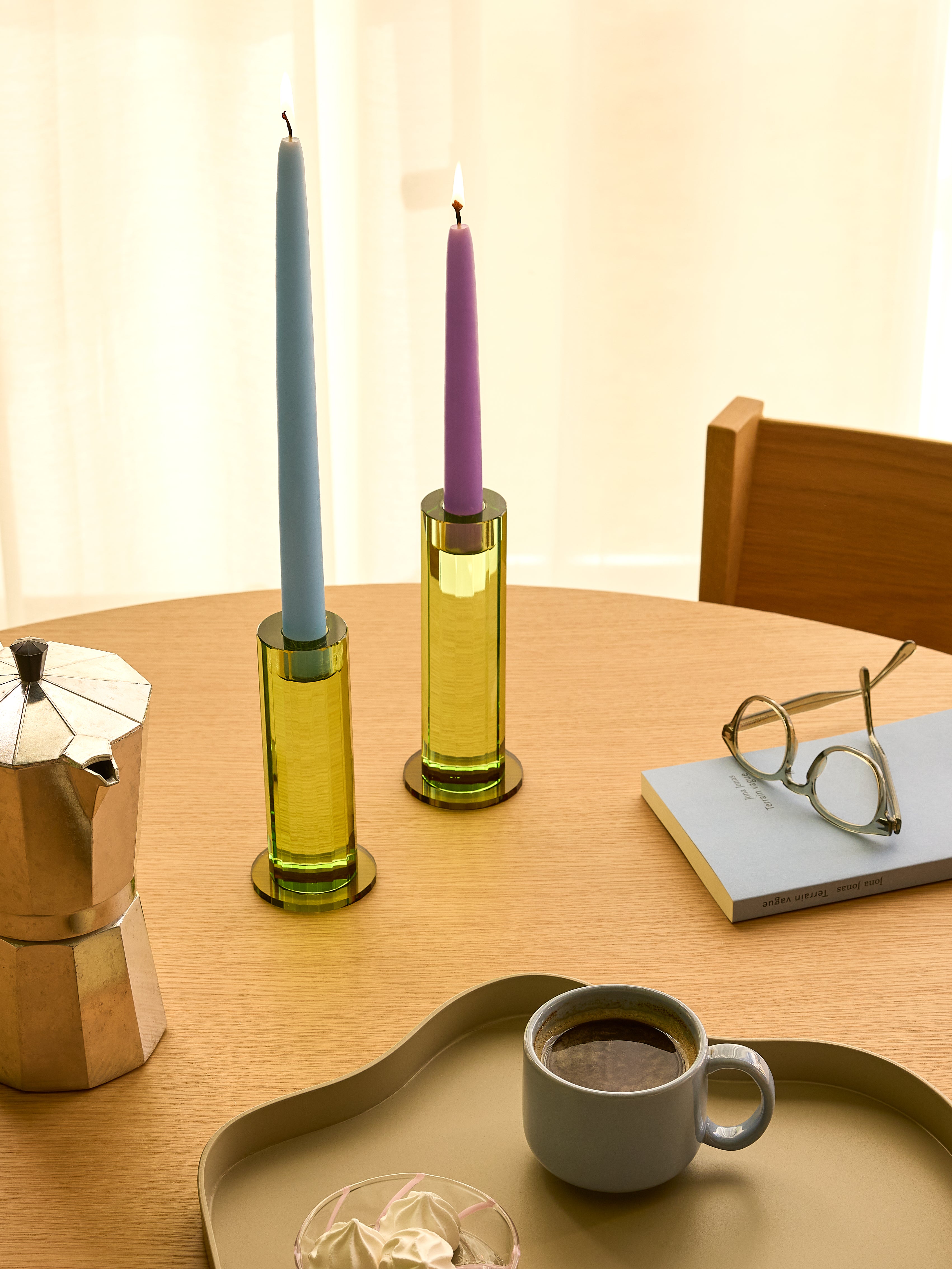 Cut Lysestager Grøn (sæt af 2) - ø7xh16cm, ø7xh18cm