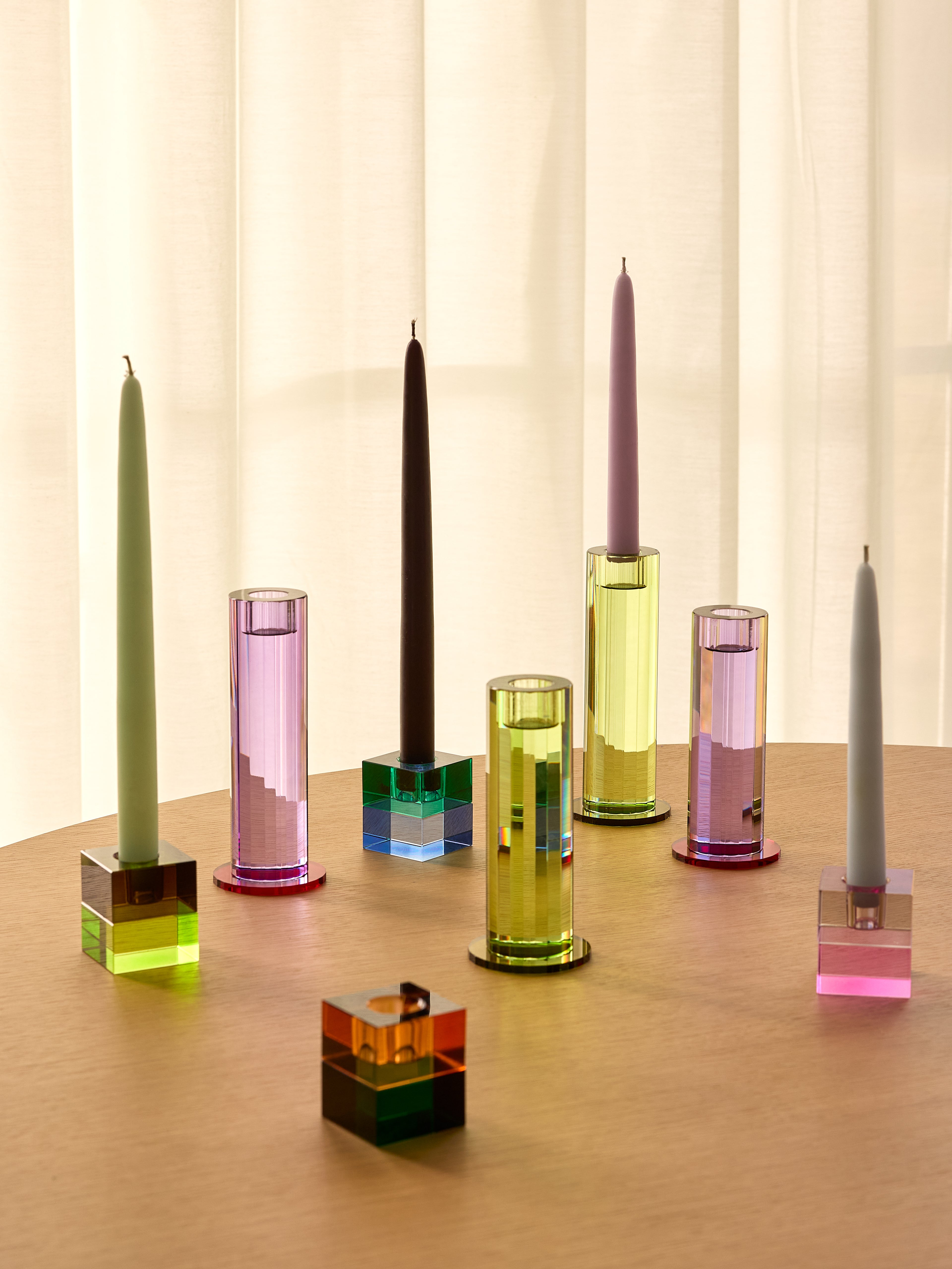 Block Lysestager Brun/Green & Gray/Lyserød (sæt af 2) - 5x5h6cm