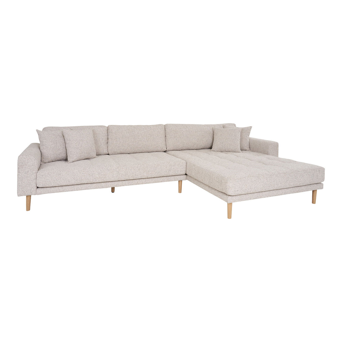 Lido Lounge Sofa - Lounge Sofa, højrevendt i beige meleret med fire puder og natur træben, HN1015