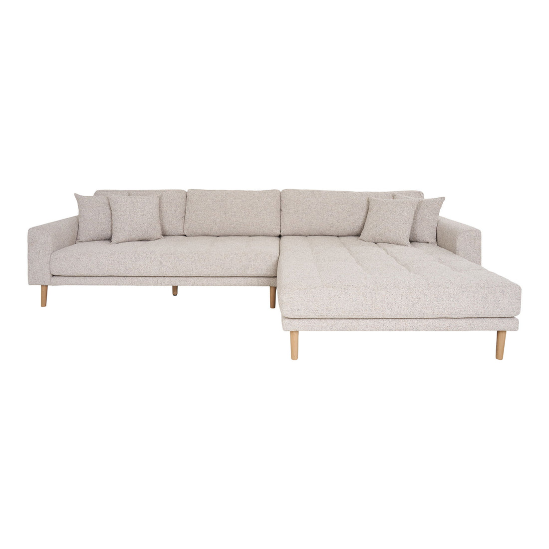 Lido Lounge Sofa - Lounge Sofa, højrevendt i beige meleret med fire puder og natur træben, HN1015