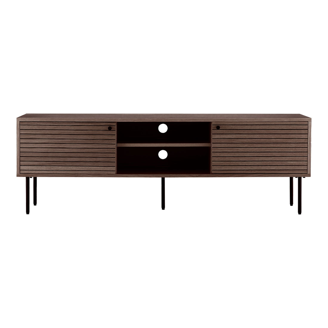 TV-bænk, 2 låger, 2 hylder, egefiner, smoked, sorte metalben 150x40x50 cm