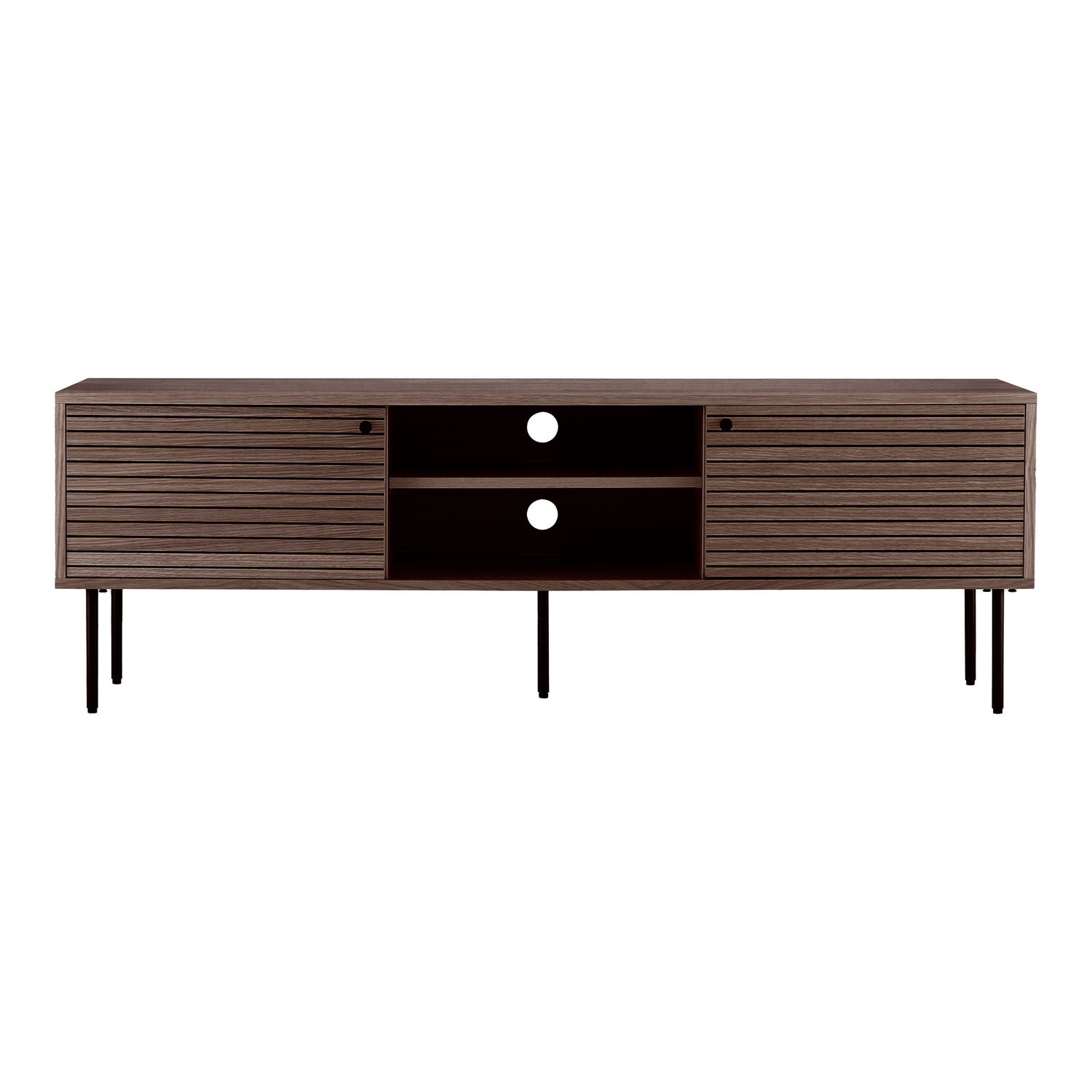 TV-bænk, 2 låger, 2 hylder, egefiner, smoked, sorte metalben 150x40x50 cm