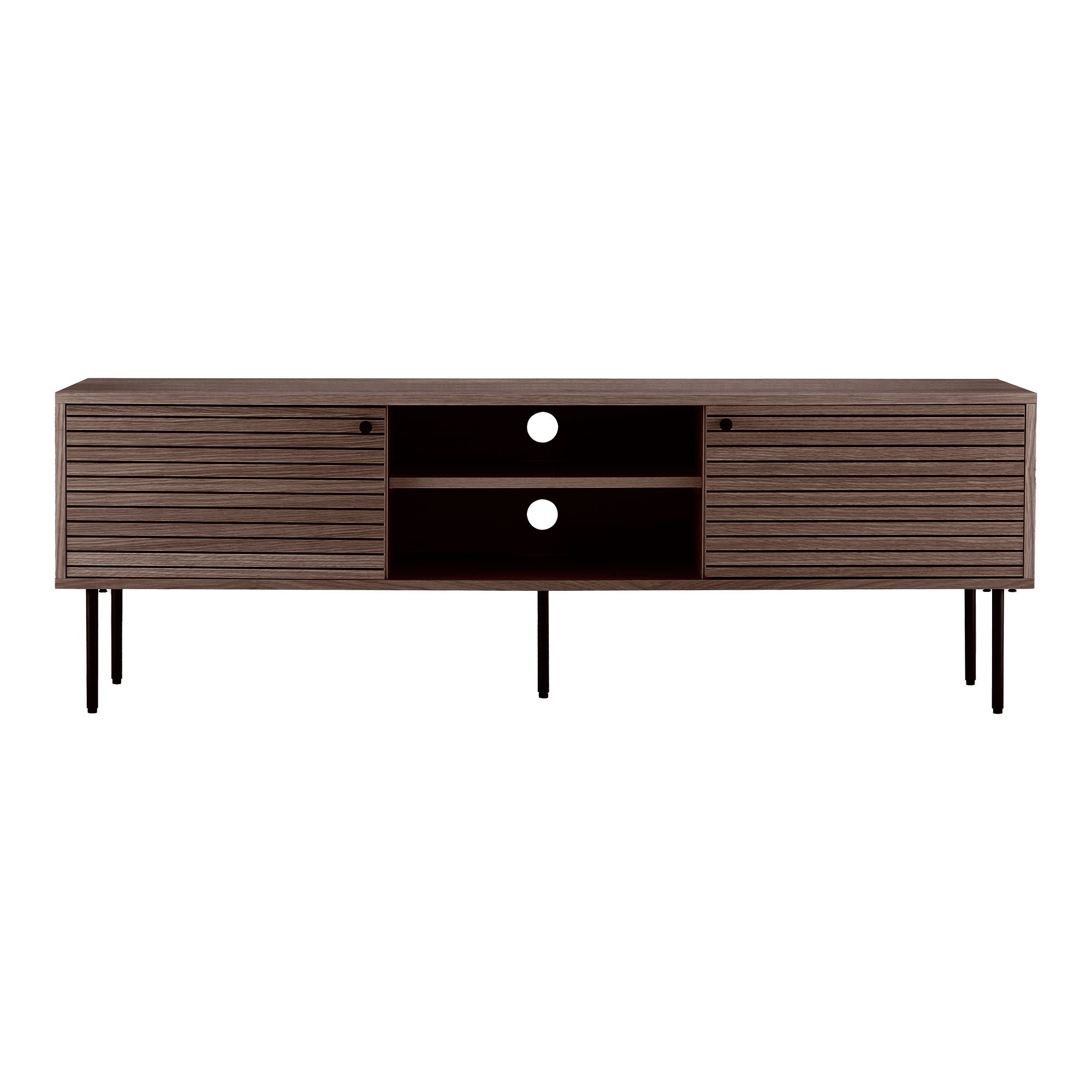 TV-bænk, 2 låger, 2 hylder, egefiner, smoked, sorte metalben 150x40x50 cm
