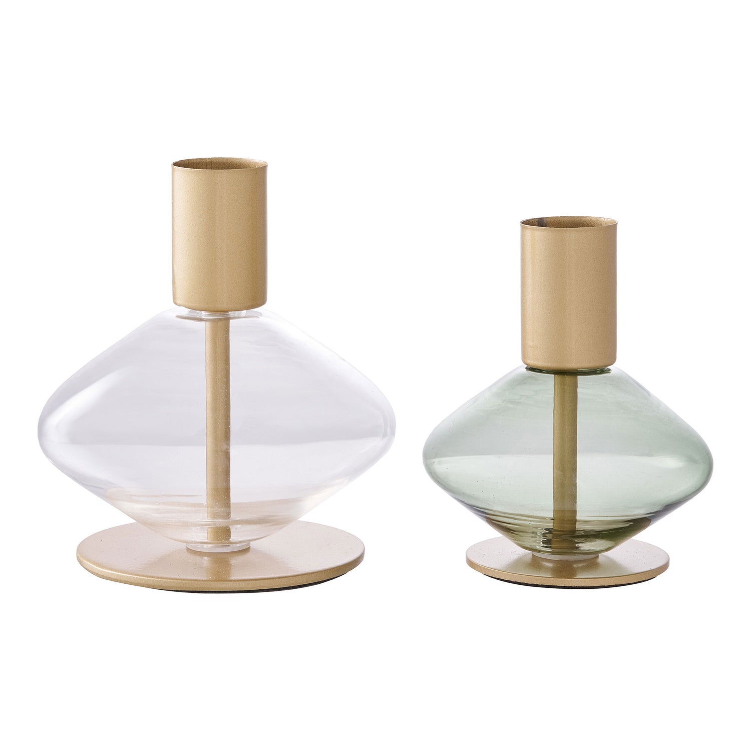 Lysestage, glas/metal, klar/grøn&lt;br&gt;sæt af 2