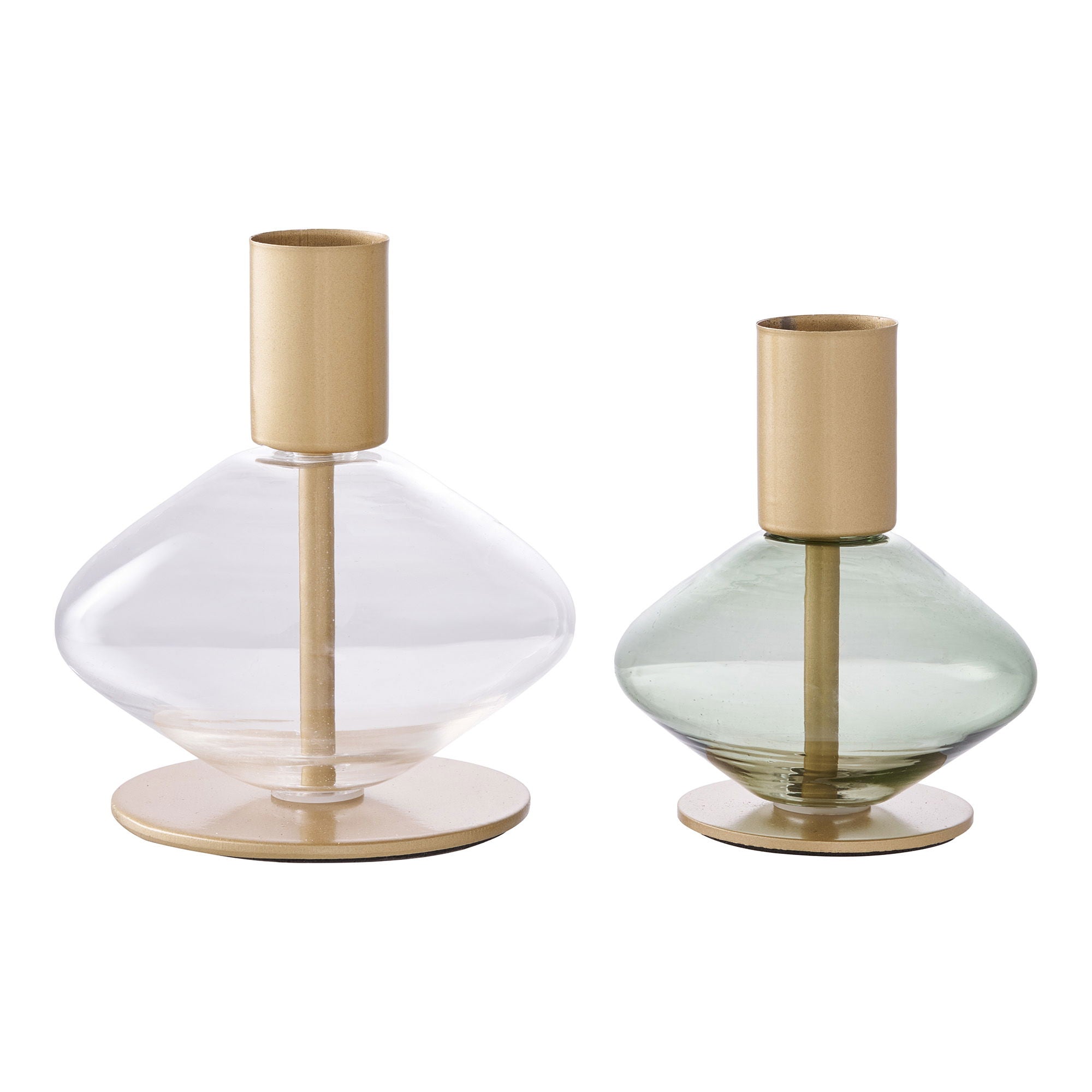 Lysestage, glas/metal, klar/grøn&lt;br&gt;sæt af 2
