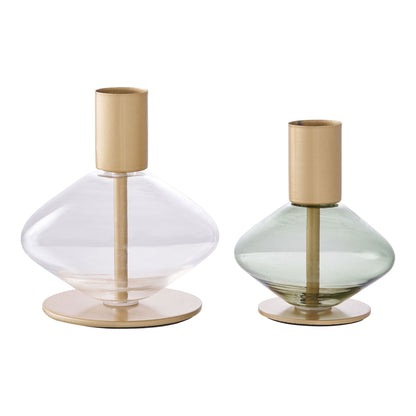 Lysestage, glas/metal, klar/grøn&lt;br&gt;sæt af 2