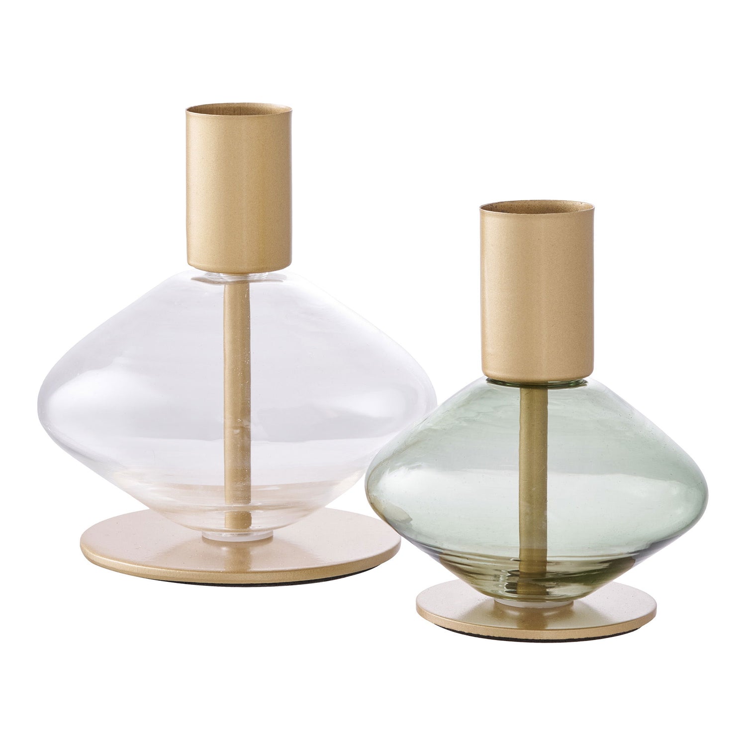 Lysestage, glas/metal, klar/grøn&lt;br&gt;sæt af 2