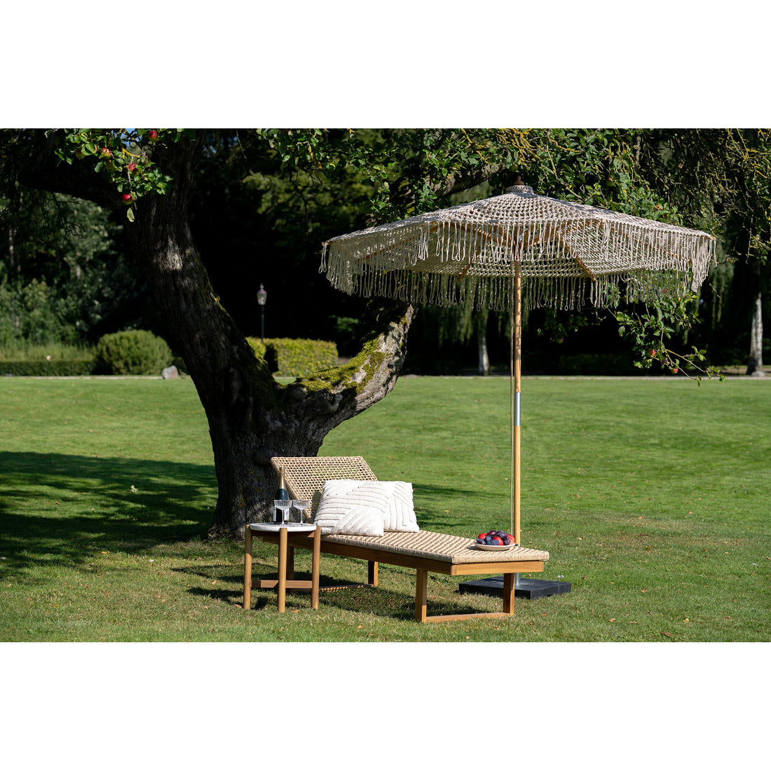Parasol, bomuld, træstok, beige<br>ø250 cm