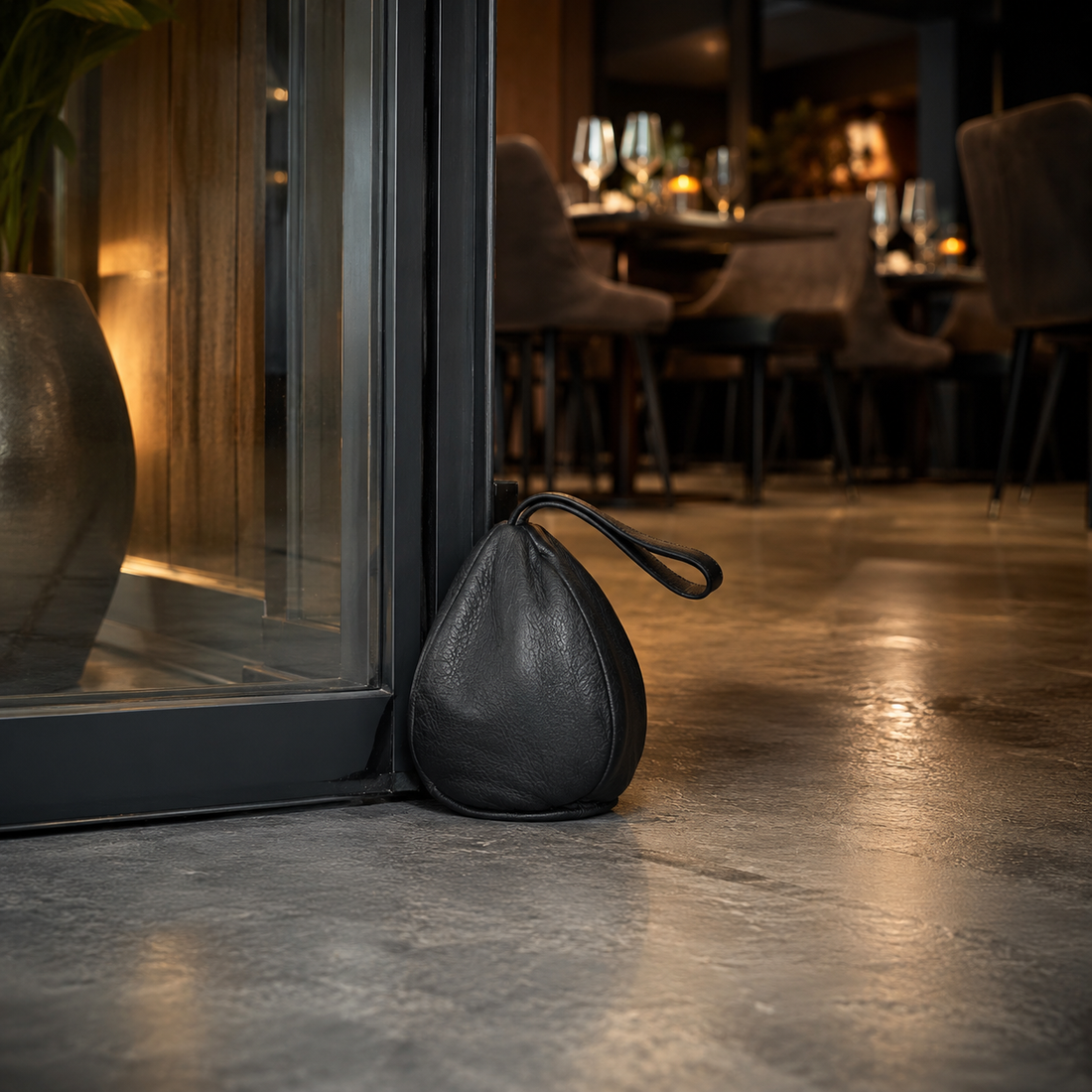 Dørstopper i læder – dråbeformet model sort