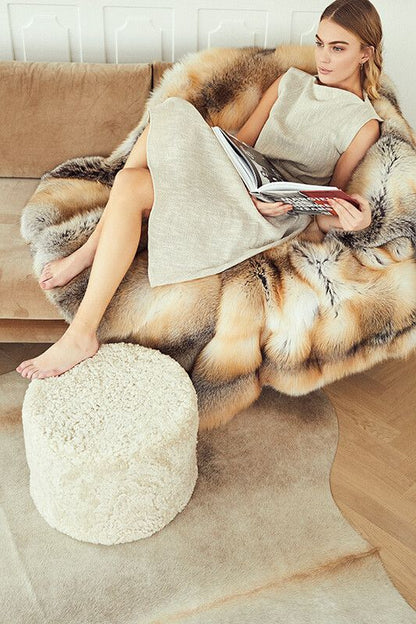 Premium tæppe af ræv | Bagside af kashmir | Light Gold | 150x150 cm