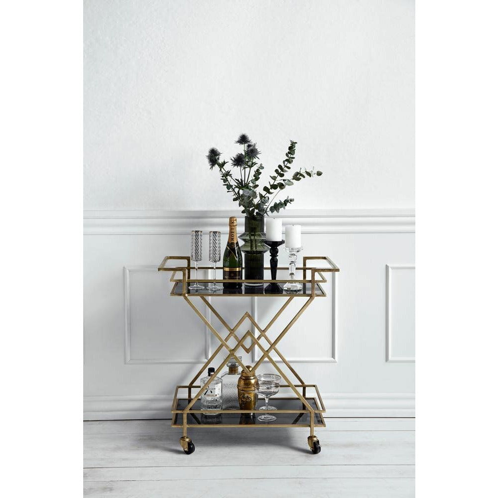 Nordal TROLLEY rullebord i jern - 44x76 cm - guld/sort glas