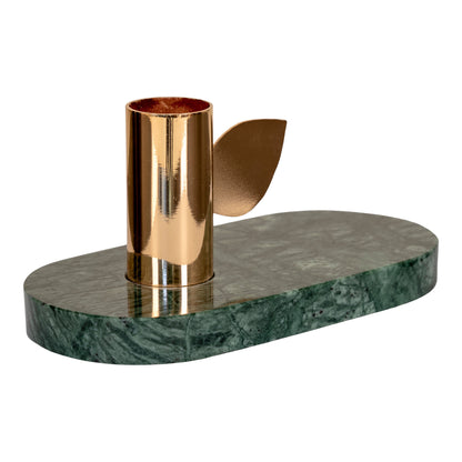 Lysestage - Lysestage i marmor, grøn, messing holder, 14x7x7 cm