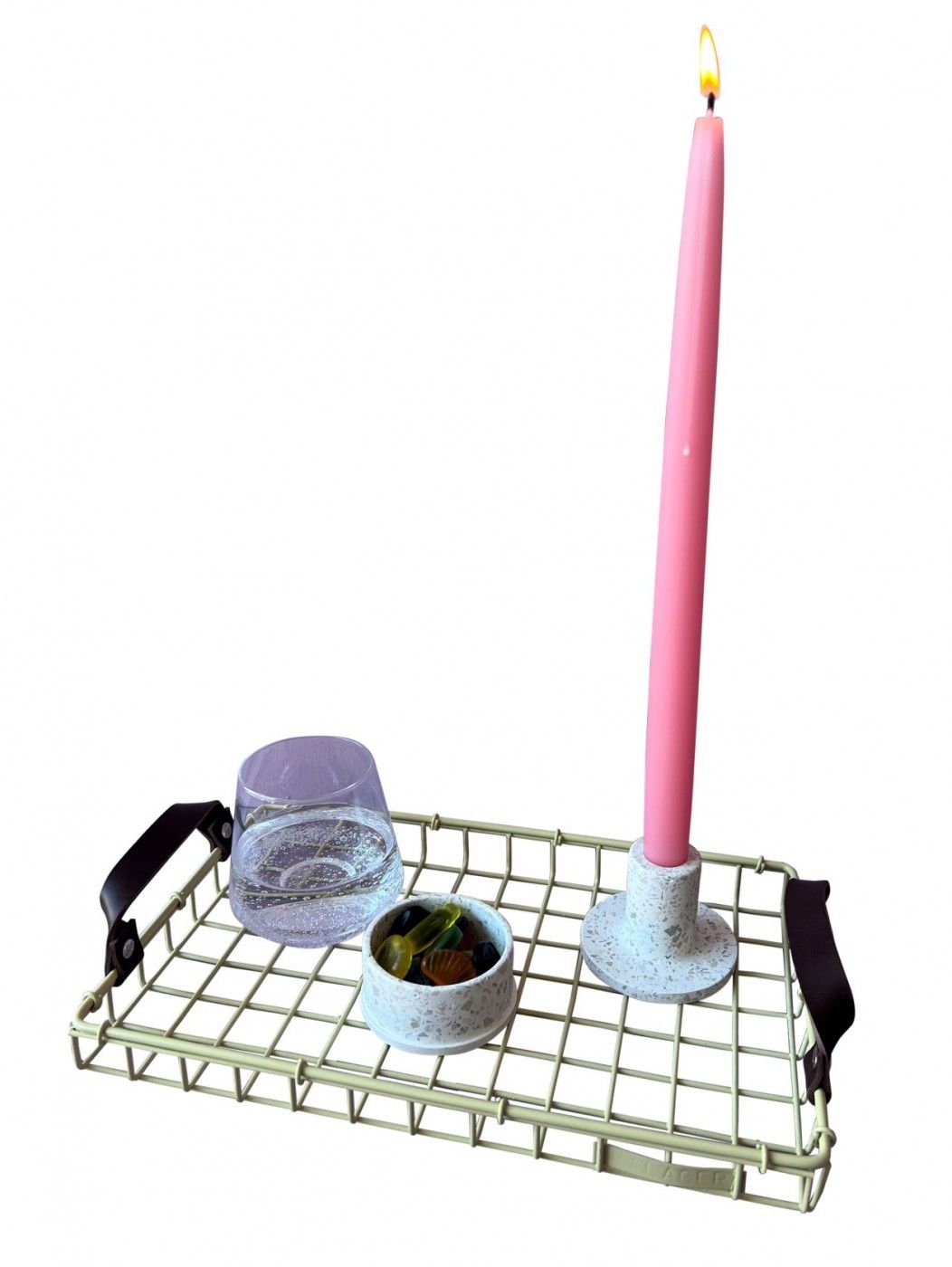 Kalager Design TRAY, lille, Grøn beige med mørkebrun læderrem