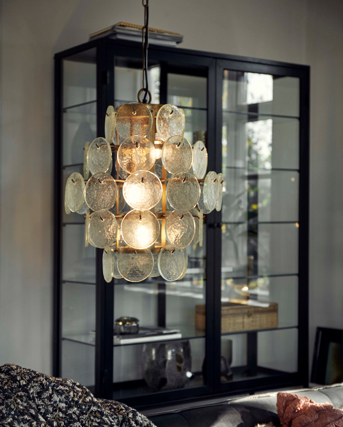 Pendel i gyldent jern og klar glas - h50 cm