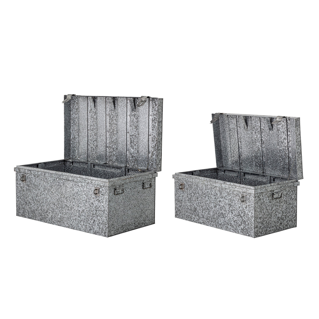 BLOOMINGVILLE Dian Opbevaringsæske m/Låg, Grå, Galvaniseret Jern - L81,5xH38xW45 / L89xH42xW54 cm, Set of 2 - DesignGaragen.dk.