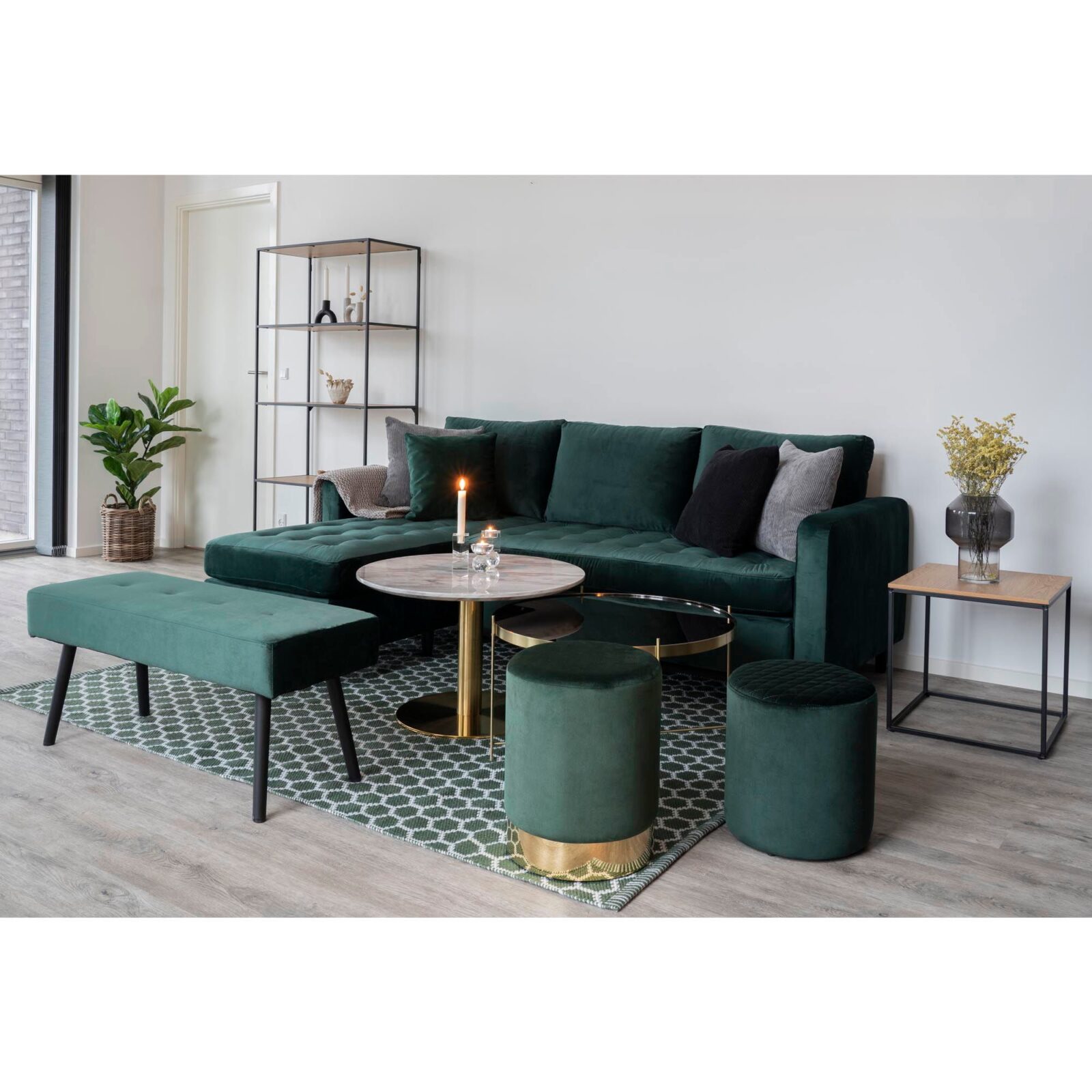 Bolzano Sofabord – Sofabord, marmor look bordplade, hvid, messing look base ø70×45 cm