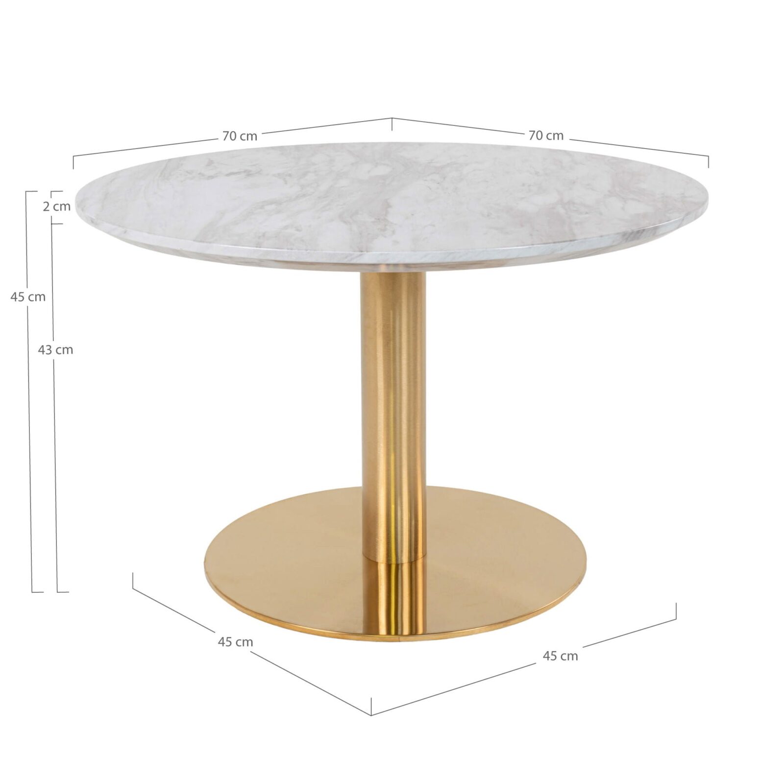 Bolzano Sofabord – Sofabord, marmor look bordplade, hvid, messing look base ø70×45 cm
